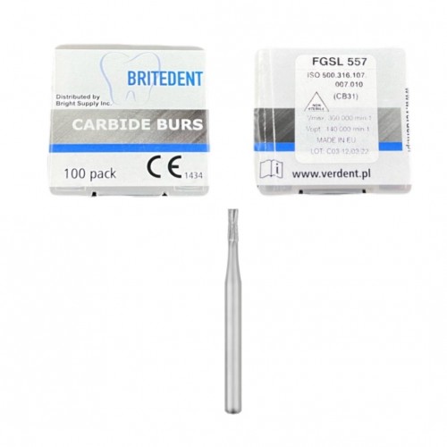 BRITEDENT Carbide Burs FG 557 Surgical Length Straight Fissure Crosscut 100/Bx