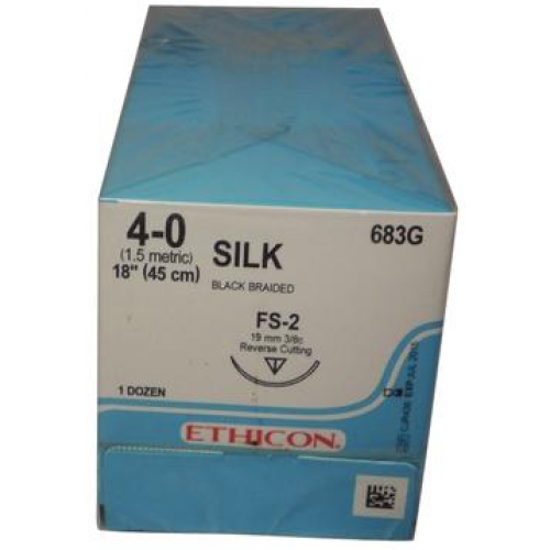 4-0 Braided Silk Sutures with FS-2 Needle, 18", Black, 12/Pk, 683G