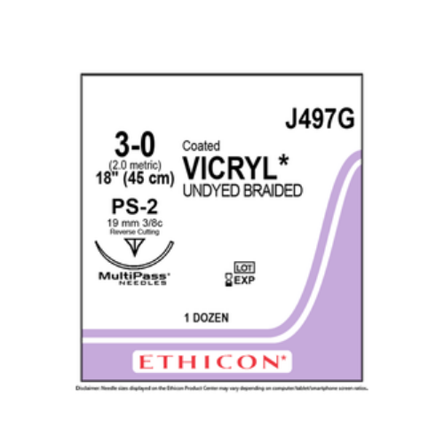 3-0 Coated Vicryl Sutures with PS-2 Needle, 12/Pk, J497G